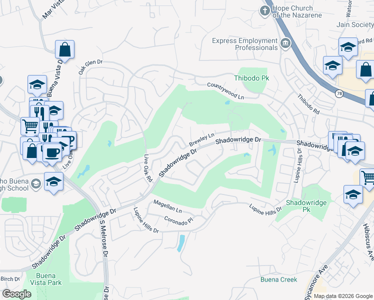 map of restaurants, bars, coffee shops, grocery stores, and more near 1213 Brewley Lane in Vista