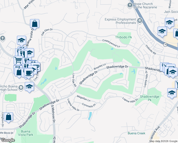 map of restaurants, bars, coffee shops, grocery stores, and more near 1283 Longfellow Road in Vista