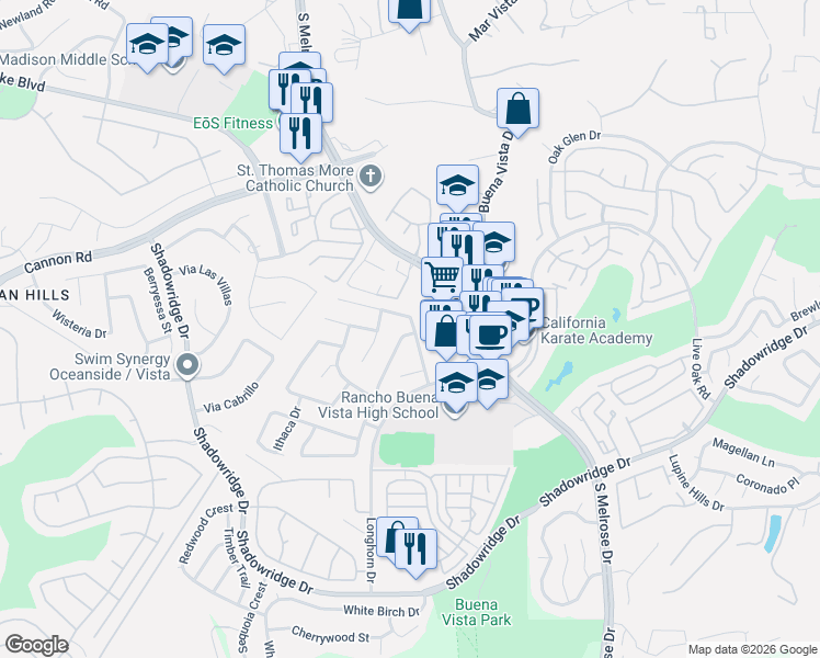map of restaurants, bars, coffee shops, grocery stores, and more near 1610 Promontory Ridge Way in Vista