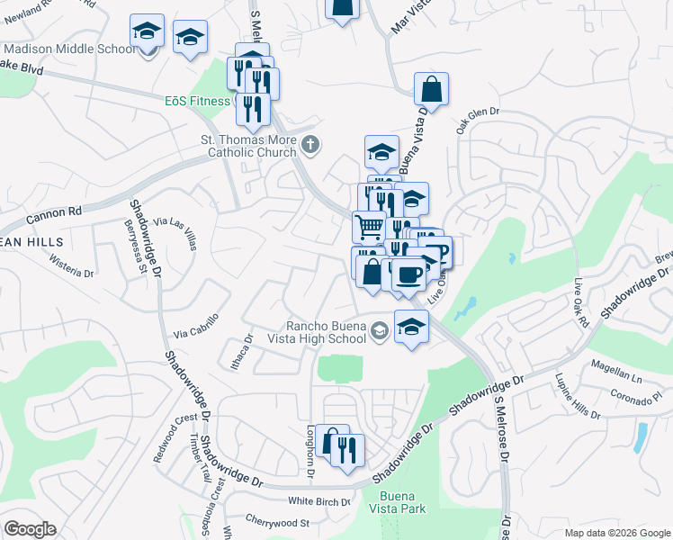 map of restaurants, bars, coffee shops, grocery stores, and more near 1610 Promontory Ridge Way in Vista