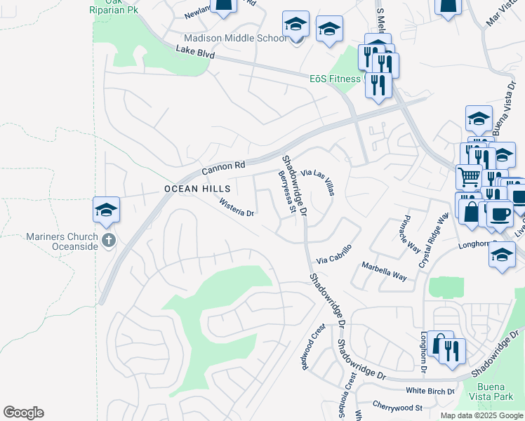 map of restaurants, bars, coffee shops, grocery stores, and more near 5187 Mertensia Street in Oceanside