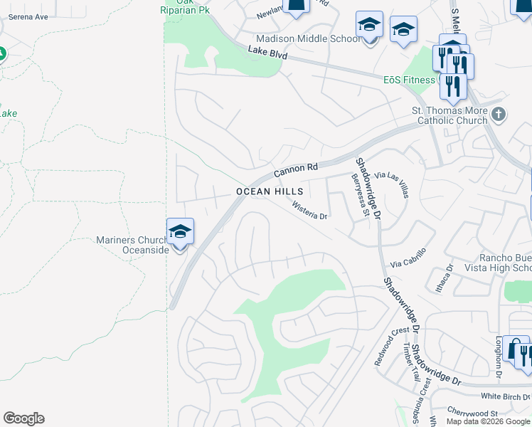 map of restaurants, bars, coffee shops, grocery stores, and more near 4627 Cordoba Way in Oceanside