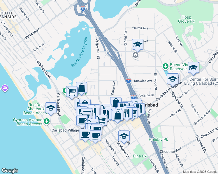 map of restaurants, bars, coffee shops, grocery stores, and more near 2624 Davis Avenue in Carlsbad