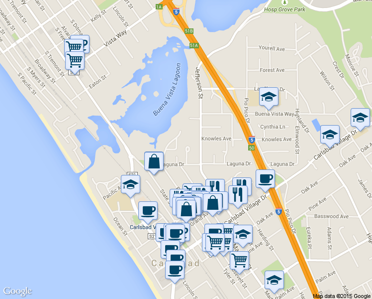 map of restaurants, bars, coffee shops, grocery stores, and more near 600 Kremeyer Circle in Carlsbad