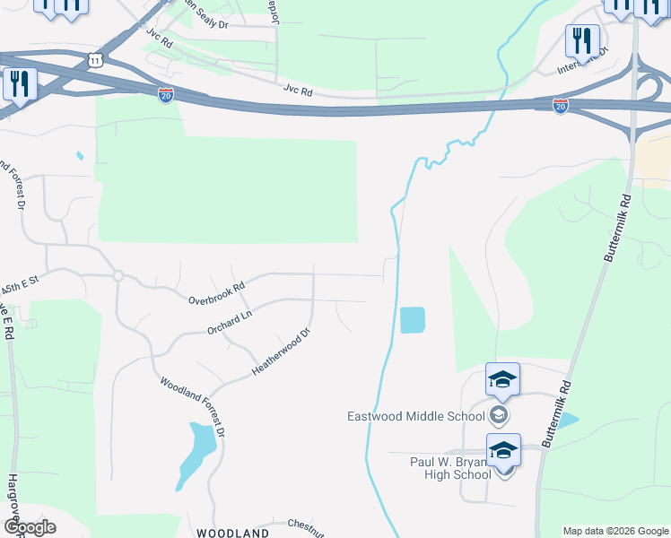 map of restaurants, bars, coffee shops, grocery stores, and more near 5528 Overbrook Road in Tuscaloosa