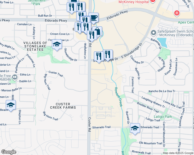 map of restaurants, bars, coffee shops, grocery stores, and more near 3701 Custer Rd in McKinney