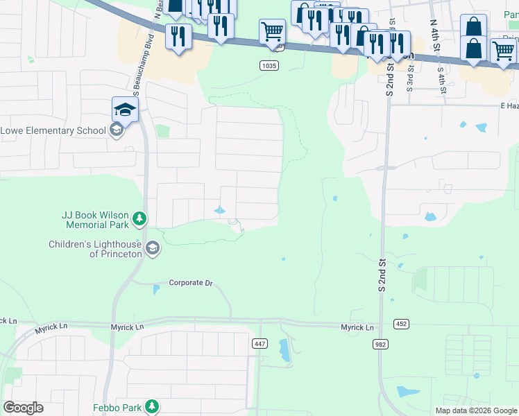 map of restaurants, bars, coffee shops, grocery stores, and more near 471 Pebble Brook Lane in Princeton
