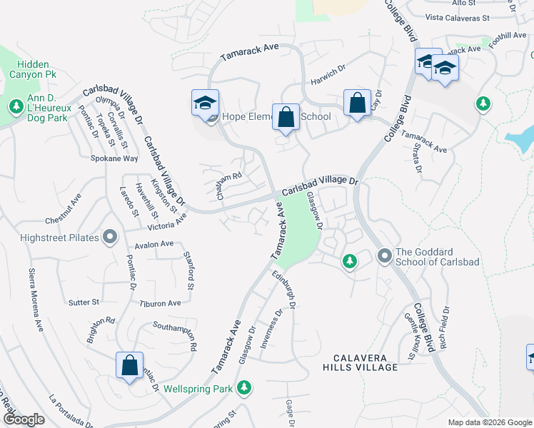 map of restaurants, bars, coffee shops, grocery stores, and more near 2882 Sanford Lane in Carlsbad