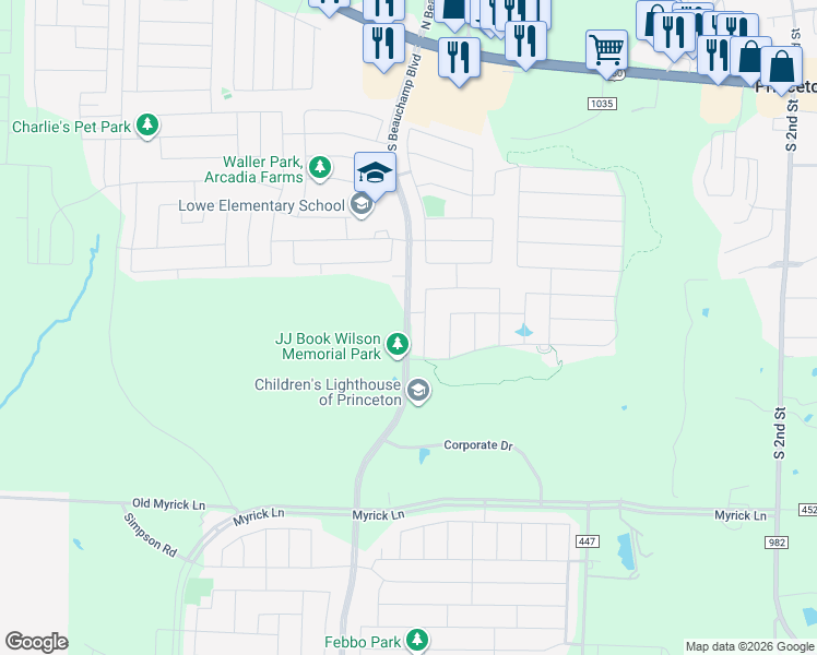 map of restaurants, bars, coffee shops, grocery stores, and more near 629 Cedar Springs Drive in Princeton