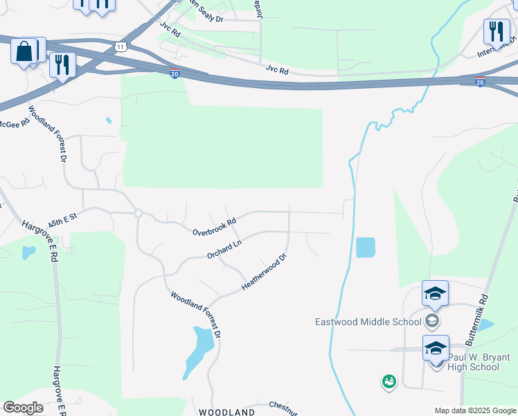 map of restaurants, bars, coffee shops, grocery stores, and more near 5340 Overbrook Road in Tuscaloosa