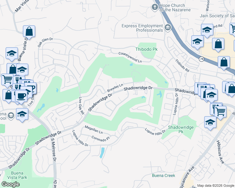 map of restaurants, bars, coffee shops, grocery stores, and more near 1138 Cabot Court in Vista