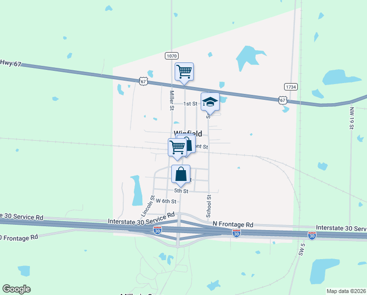 map of restaurants, bars, coffee shops, grocery stores, and more near 101 East Front Street in Winfield