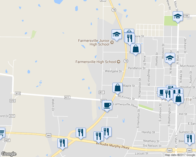 map of restaurants, bars, coffee shops, grocery stores, and more near 213 Wilcoxson Street in Farmersville