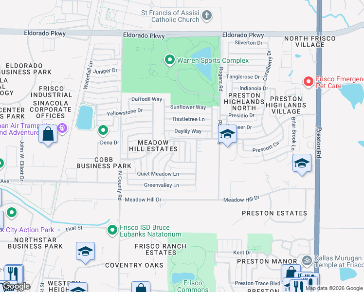 map of restaurants, bars, coffee shops, grocery stores, and more near 10642 Stargazer Drive in Frisco
