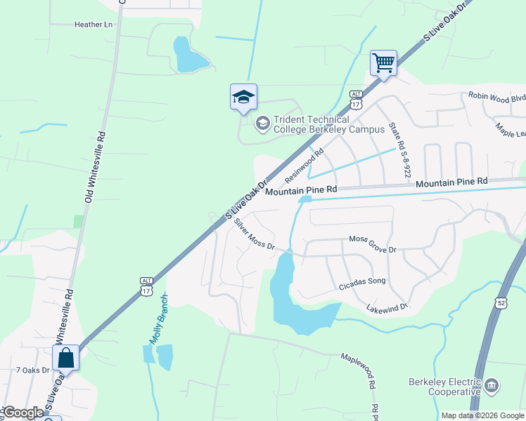 map of restaurants, bars, coffee shops, grocery stores, and more near 118 Lakestone Road in Moncks Corner