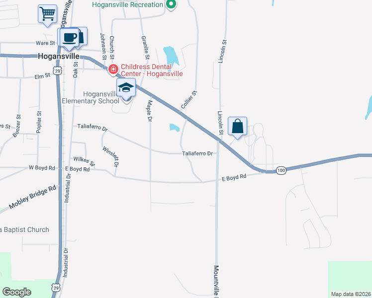 map of restaurants, bars, coffee shops, grocery stores, and more near 310 Taliaferro Drive in Hogansville