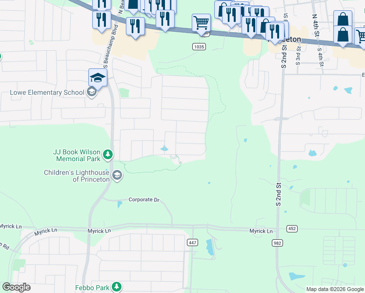 map of restaurants, bars, coffee shops, grocery stores, and more near 624 Shade Tree Way in Princeton