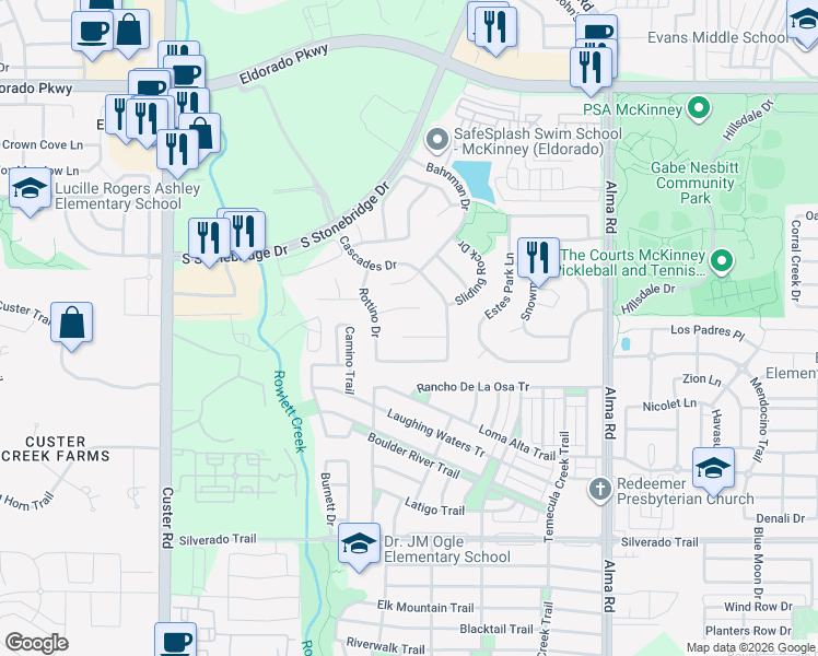 map of restaurants, bars, coffee shops, grocery stores, and more near 8009 Ravencliff Drive in McKinney