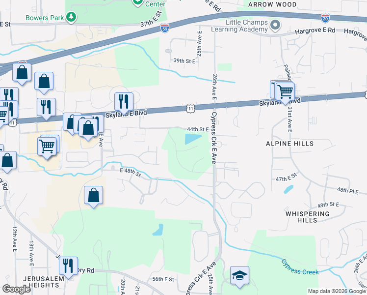 map of restaurants, bars, coffee shops, grocery stores, and more near 2303 44th Street East in Tuscaloosa