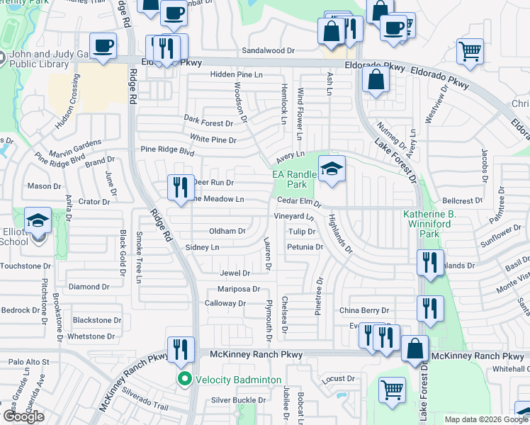 map of restaurants, bars, coffee shops, grocery stores, and more near 5700 Vineyard Lane in McKinney