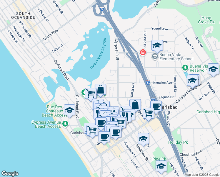 map of restaurants, bars, coffee shops, grocery stores, and more near 2600 Kremeyer Circle in Carlsbad