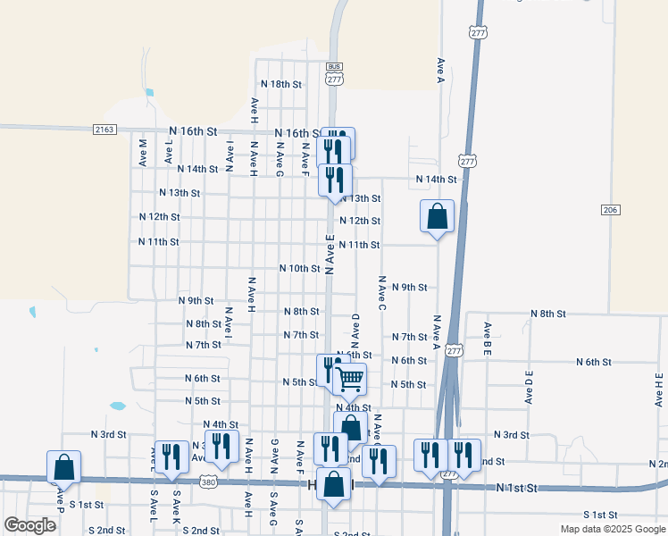 map of restaurants, bars, coffee shops, grocery stores, and more near 1000 North Avenue East in Haskell