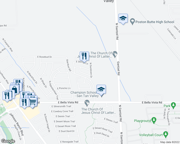 map of restaurants, bars, coffee shops, grocery stores, and more near 1533 East Saguaro Trail in Queen Creek