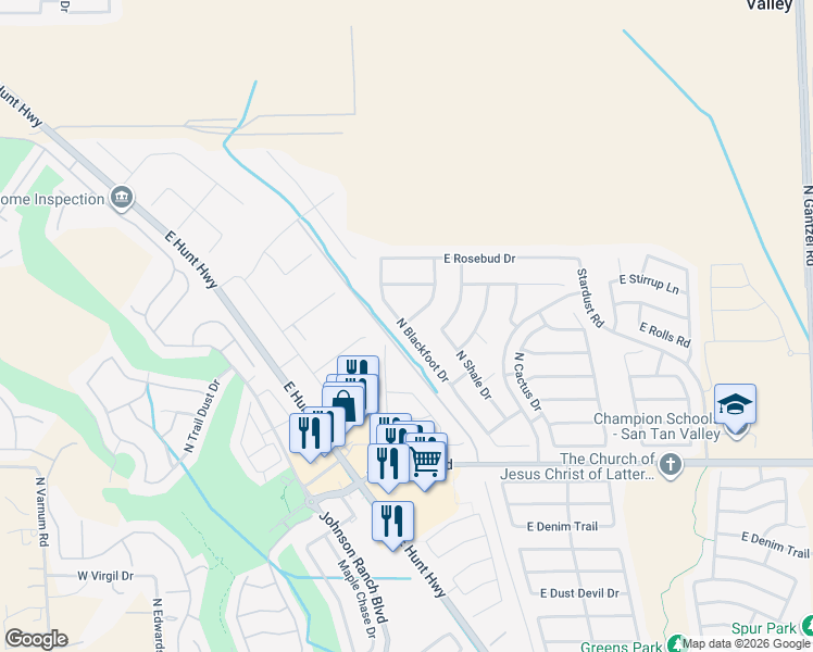 map of restaurants, bars, coffee shops, grocery stores, and more near 31657 North Blackfoot Drive in Queen Creek