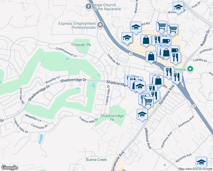 map of restaurants, bars, coffee shops, grocery stores, and more near 2012 Cottage Way in Vista