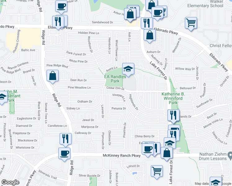 map of restaurants, bars, coffee shops, grocery stores, and more near 5600 Vineyard Lane in McKinney
