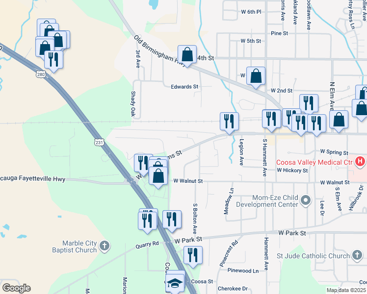 map of restaurants, bars, coffee shops, grocery stores, and more near 411 West Fort Williams Street in Sylacauga