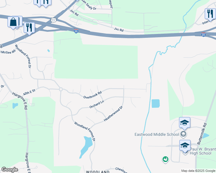 map of restaurants, bars, coffee shops, grocery stores, and more near 5340 Overbrook Road in Tuscaloosa