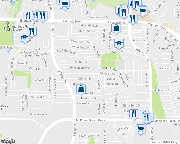 map of restaurants, bars, coffee shops, grocery stores, and more near 5812 Vineyard Lane in McKinney
