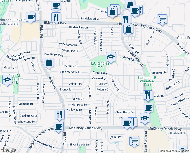 map of restaurants, bars, coffee shops, grocery stores, and more near 5620 Vineyard Lane in McKinney