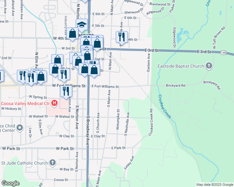 map of restaurants, bars, coffee shops, grocery stores, and more near 9 Wetumpka Street in Sylacauga