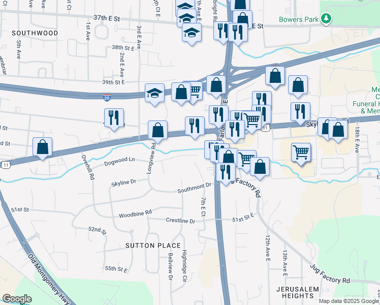 map of restaurants, bars, coffee shops, grocery stores, and more near 626 Dogwood Lane in Tuscaloosa