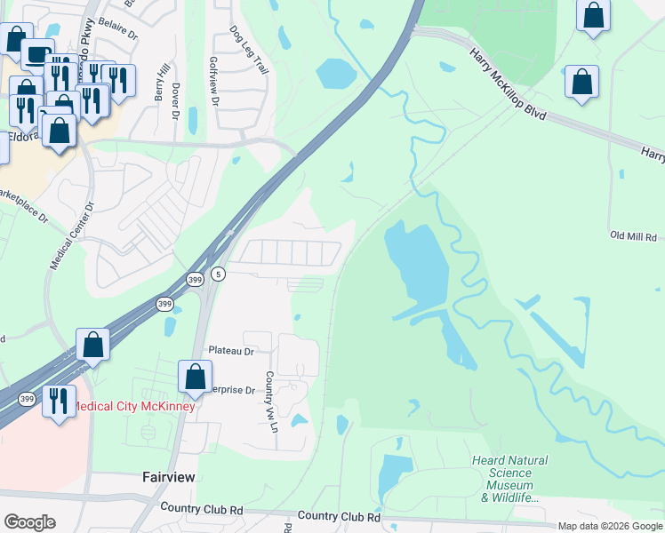map of restaurants, bars, coffee shops, grocery stores, and more near Crestwood in McKinney