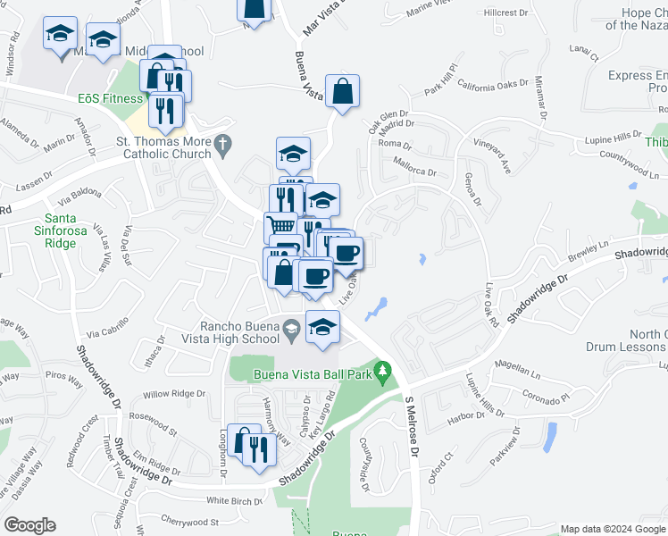 map of restaurants, bars, coffee shops, grocery stores, and more near 1668 South Melrose Drive in Vista