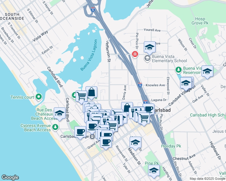 map of restaurants, bars, coffee shops, grocery stores, and more near 2632 Jefferson Street in Carlsbad