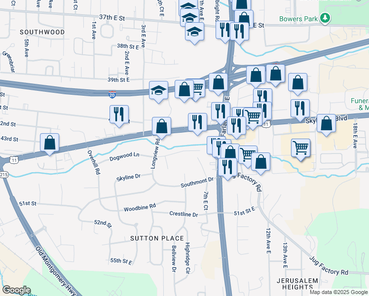 map of restaurants, bars, coffee shops, grocery stores, and more near 626 Dogwood Lane in Tuscaloosa
