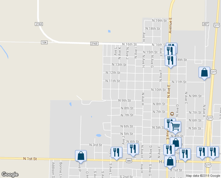 map of restaurants, bars, coffee shops, grocery stores, and more near 701 North Avenue L in Haskell