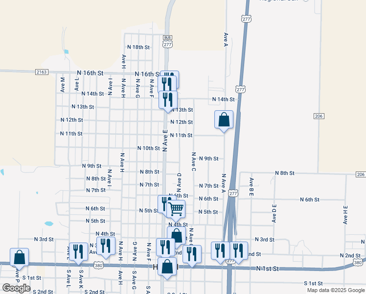 map of restaurants, bars, coffee shops, grocery stores, and more near 1006 North Avenue D in Haskell
