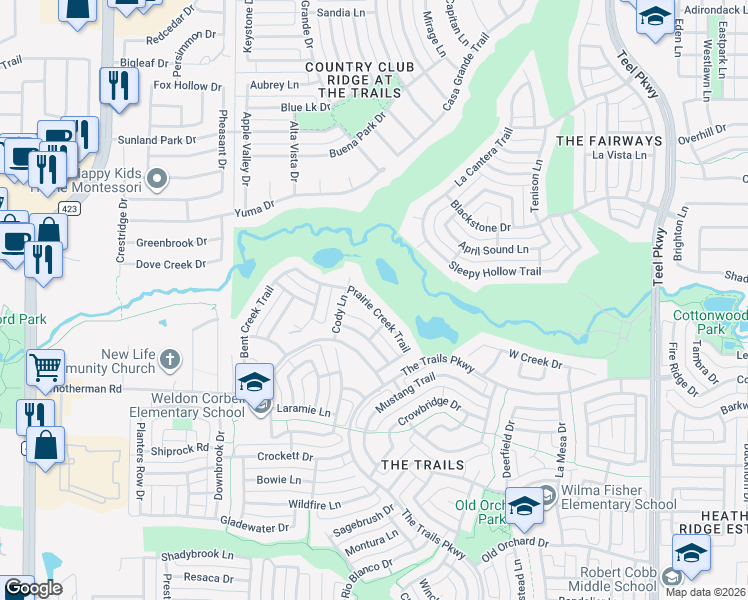 map of restaurants, bars, coffee shops, grocery stores, and more near 1800 Prairie Creek Trail in Frisco