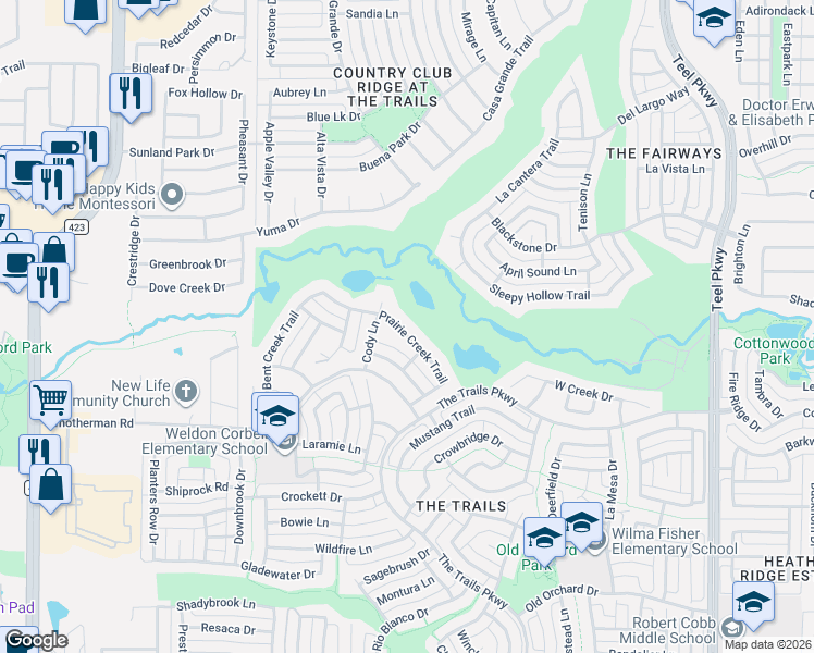 map of restaurants, bars, coffee shops, grocery stores, and more near 1800 Prairie Creek Trail in Frisco