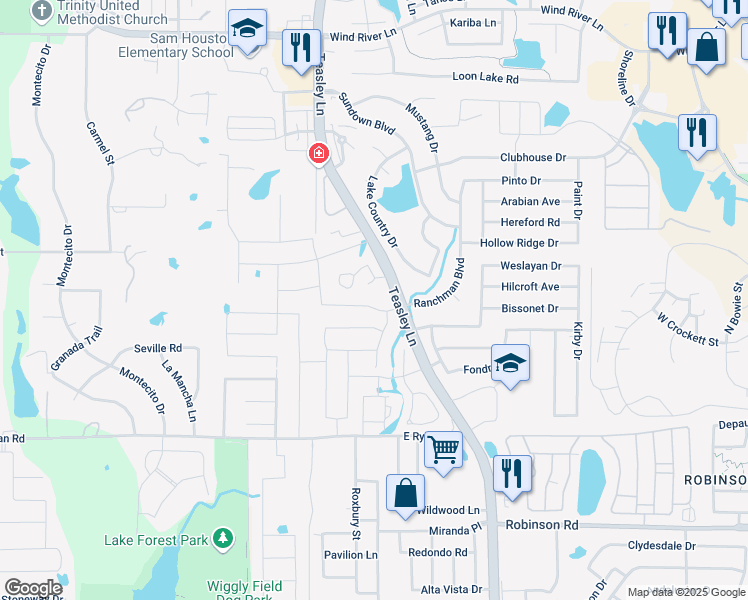 map of restaurants, bars, coffee shops, grocery stores, and more near 3900 Ranchman Boulevard in Denton