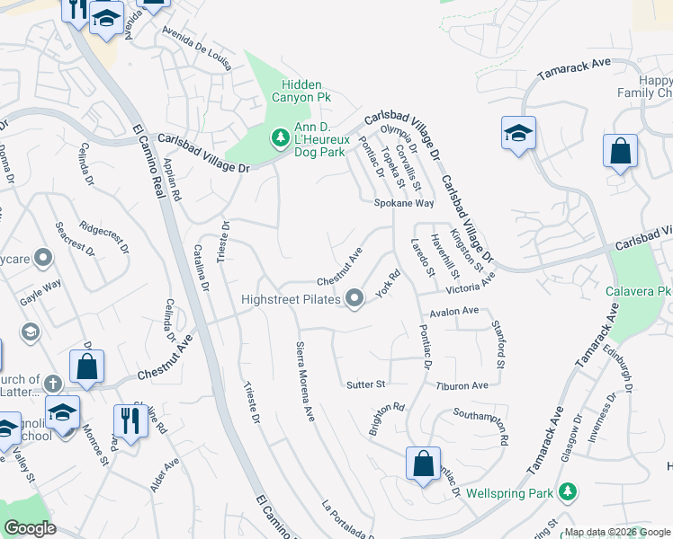 map of restaurants, bars, coffee shops, grocery stores, and more near 3609 Ames Place in Carlsbad