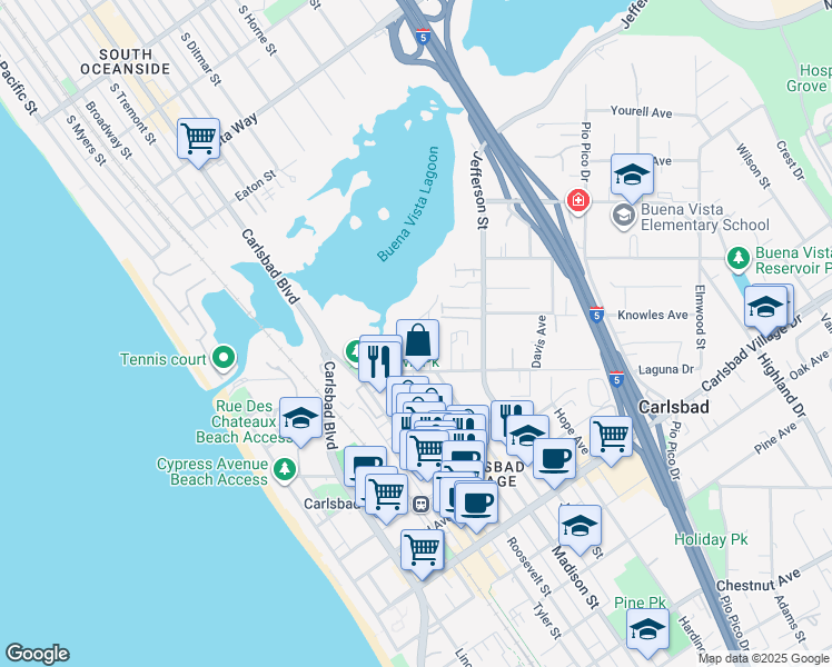 map of restaurants, bars, coffee shops, grocery stores, and more near 2409 South Buena Vista Circle in Carlsbad