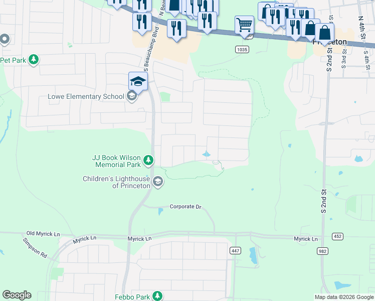 map of restaurants, bars, coffee shops, grocery stores, and more near 620 Hidden Cove Drive in Princeton