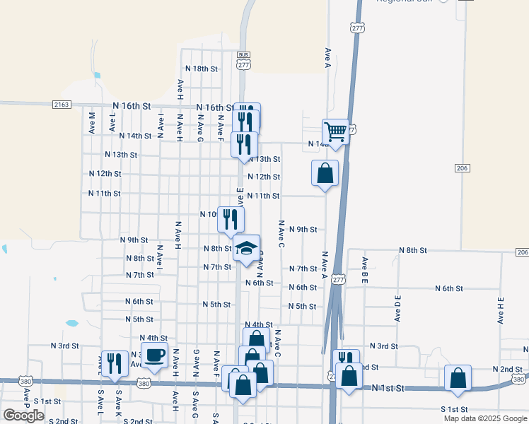 map of restaurants, bars, coffee shops, grocery stores, and more near 1006 North Avenue D in Haskell