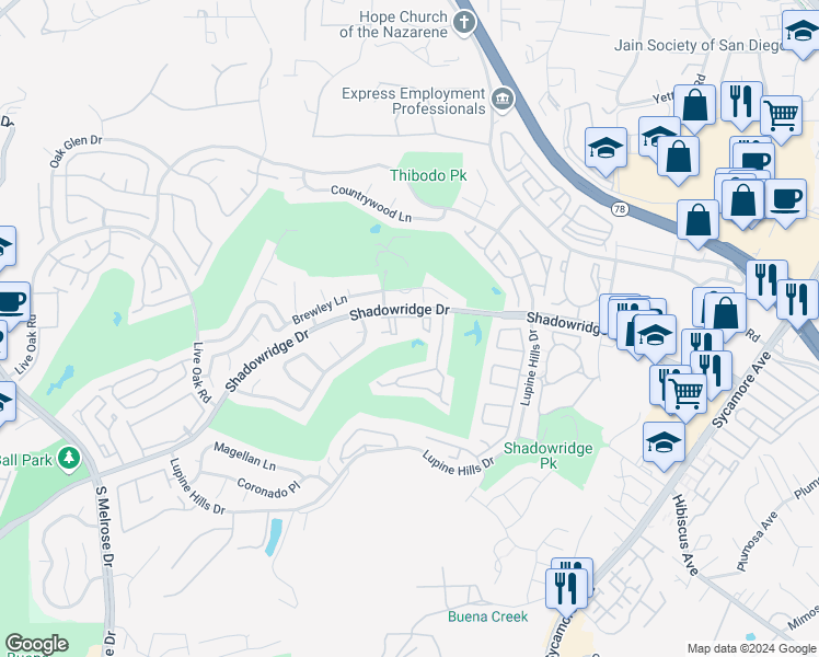 map of restaurants, bars, coffee shops, grocery stores, and more near 1059 Shadowridge Drive in Vista